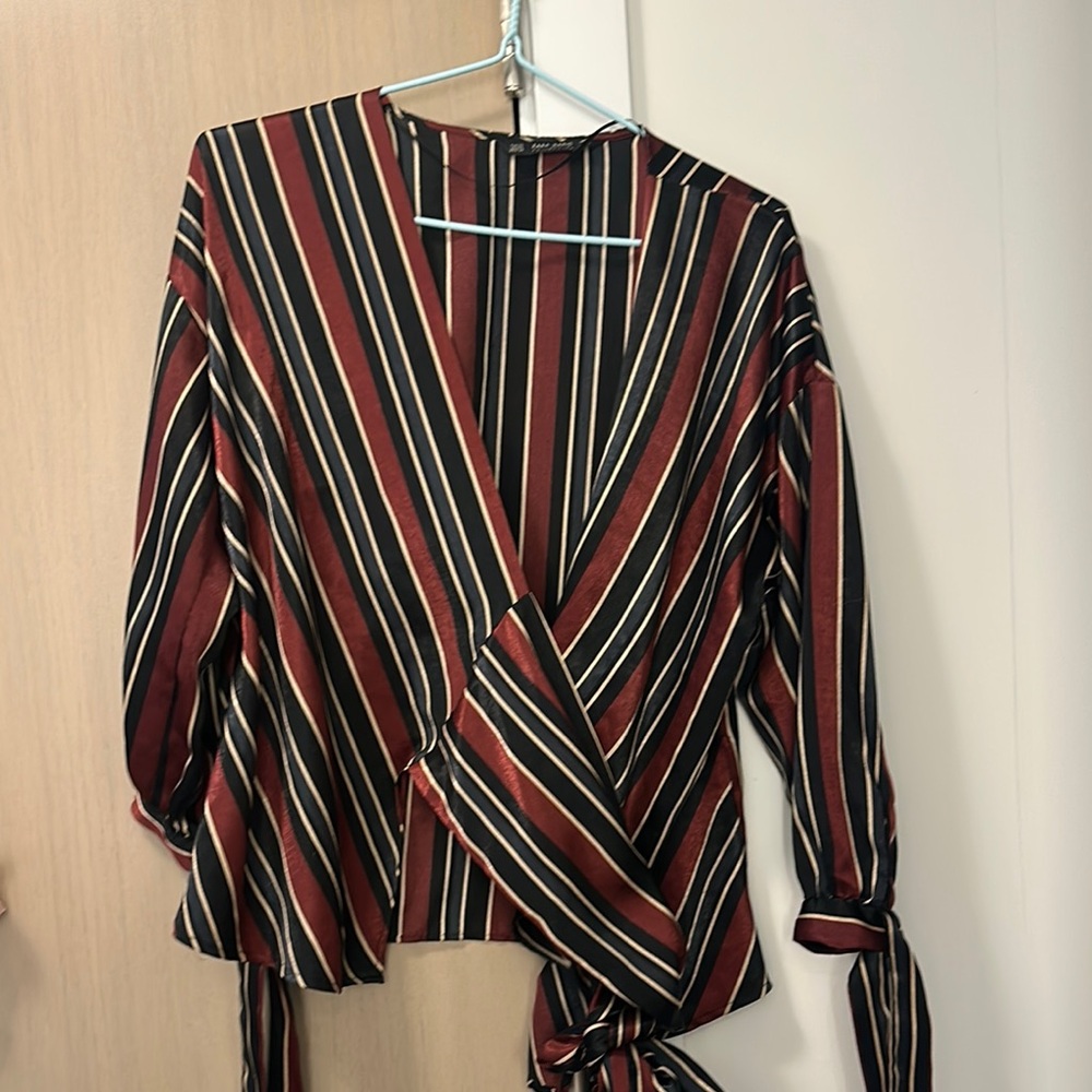 Zara Black and Red 3/4 Sleeve Wrap Blouse